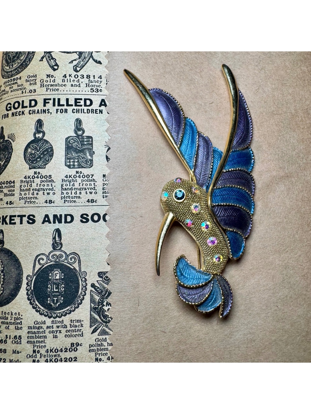 Oversized Vintage Blue and Purple Hummingbird Brooch with Rhinestone Accents